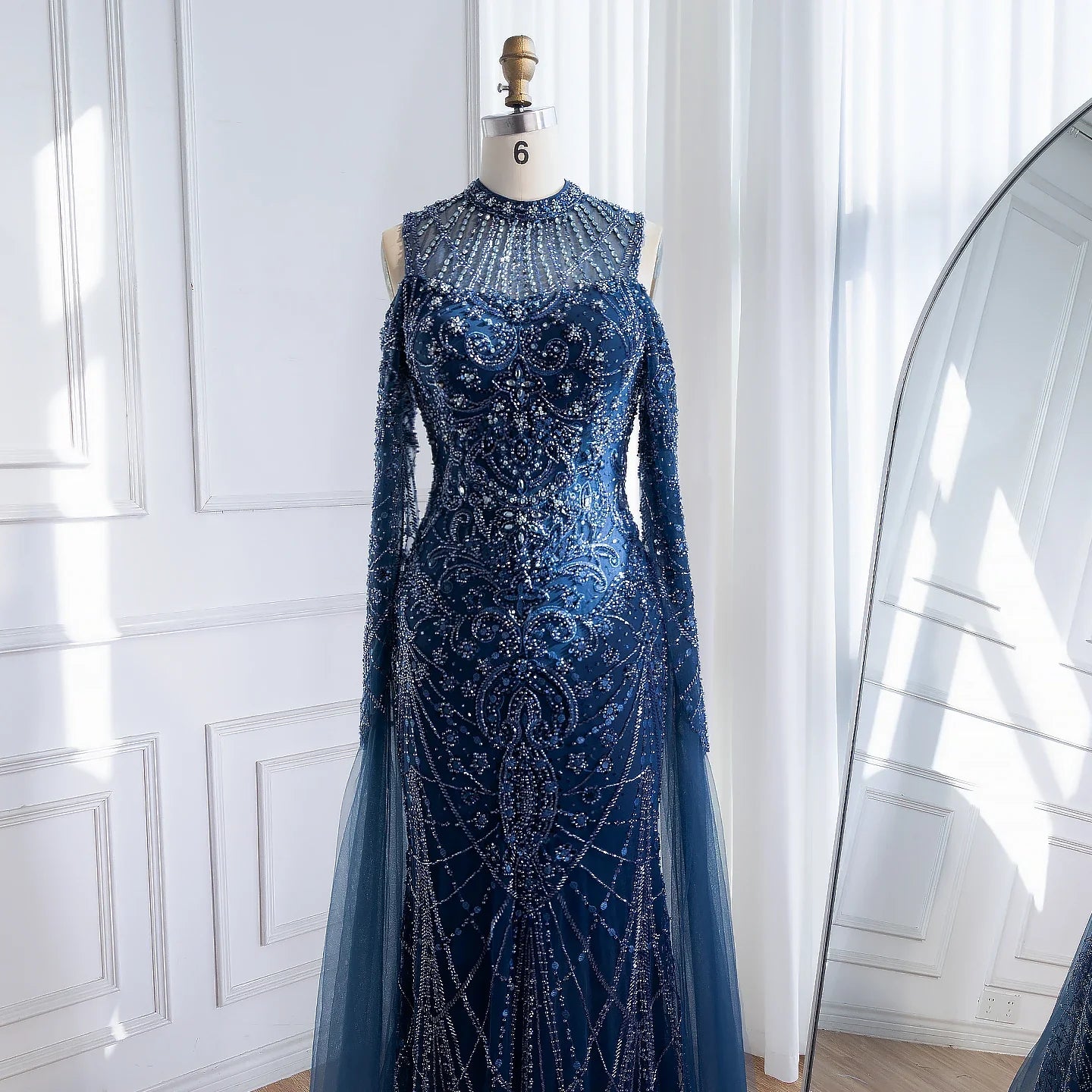 Luxury Dubai Navy Blue Beaded Lace Evening Dress with Cape Sleeves LA73323