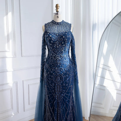 Luxury Dubai Navy Blue Beaded Lace Evening Dress with Cape Sleeves LA73323