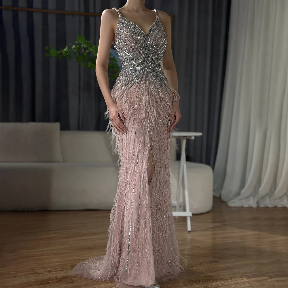 Luxury Classy blue Feathers Beaded Mermaid Prom Dress with Split LA70623