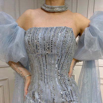 Luxury Dubai Arabic Blue Mermaid Balloon Sleeves Beaded Evening Dresses LA71823