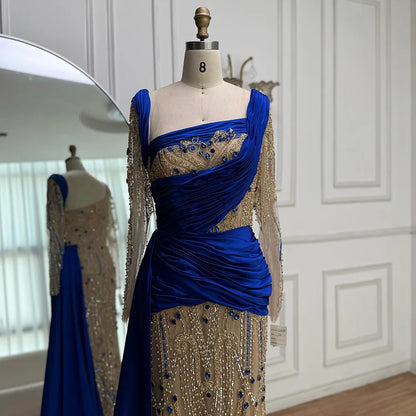Luxury Royal Blue Velvet Beaded Mermaid Evening Dress LA72988