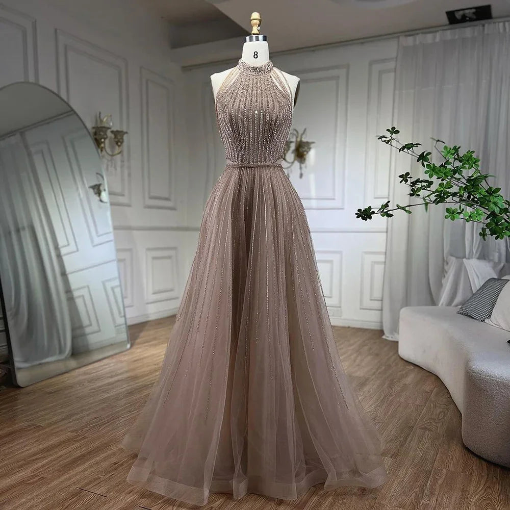 Luxury Arabic Blue Sequin Tassel Halter A Line Evening Dress LA72227