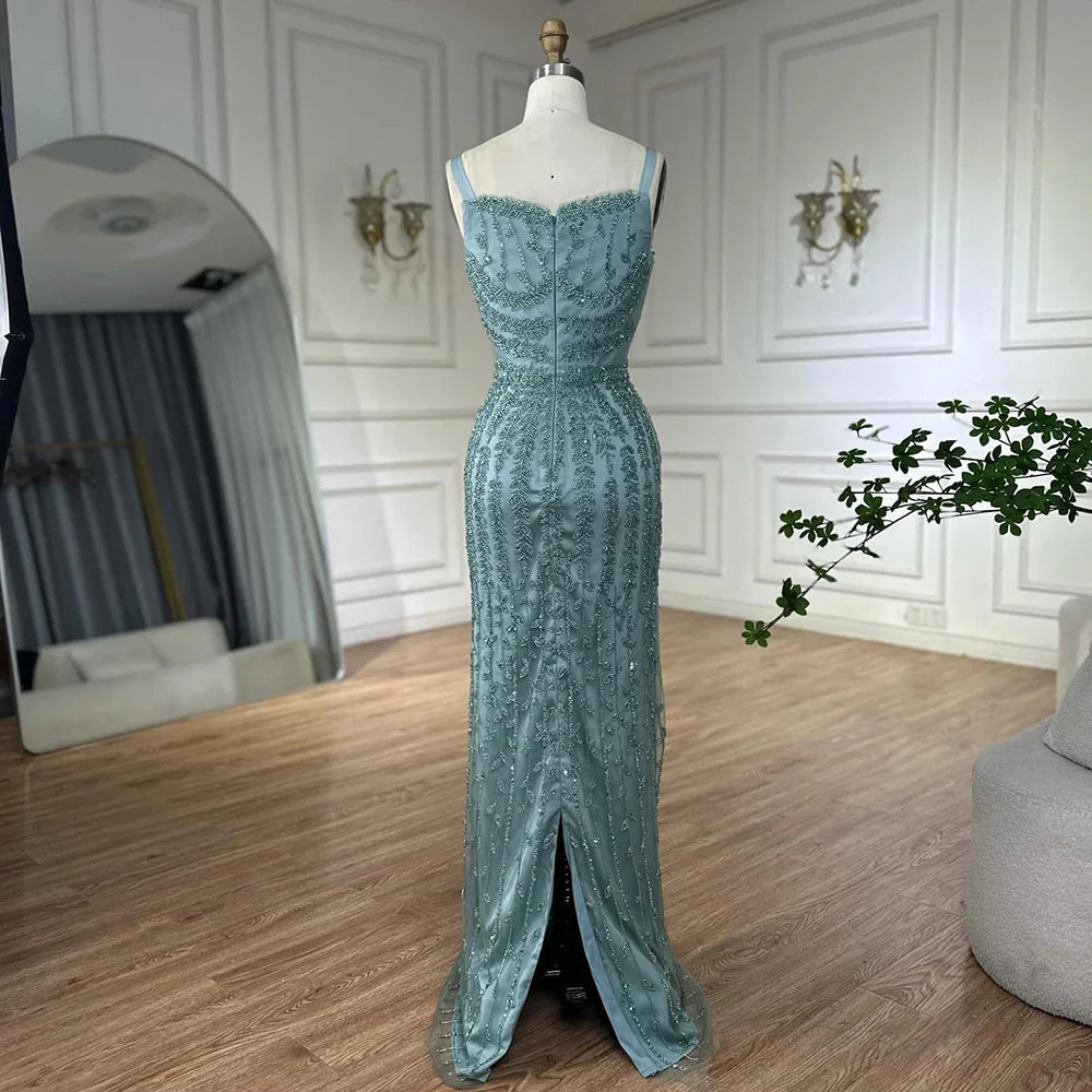 Luxury Arabic Blue Spaghetti Strap Mermaid Evening Dress Beaded LA72725