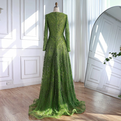 Luxury Lime Green Lace Beaded Long Sleeve Evening Dress LA73324