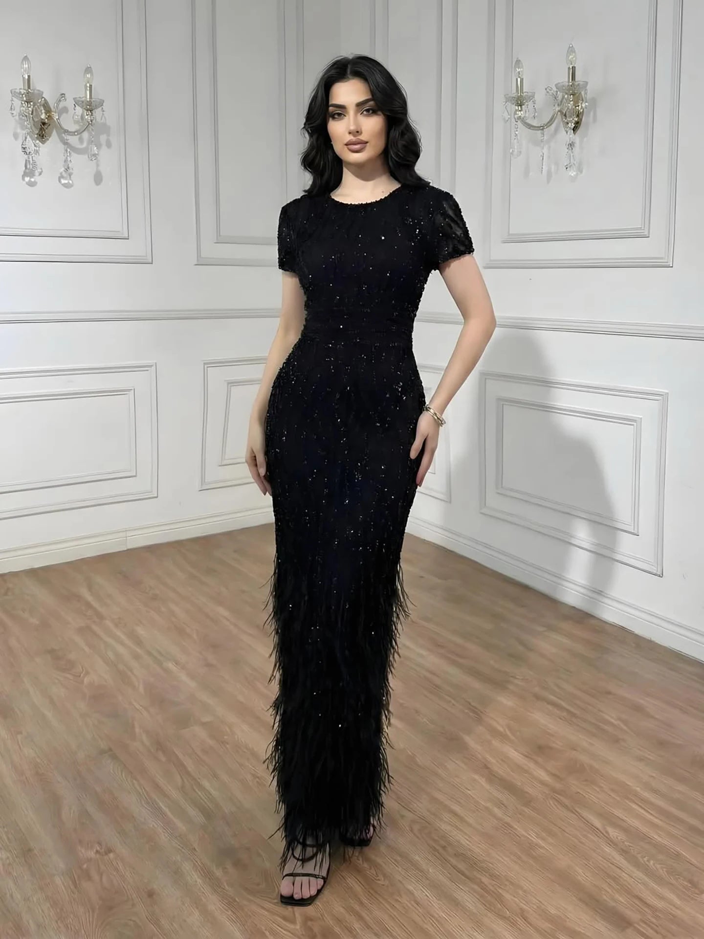 White Nude Ankle Length Beaded Evening Dress with Feathers LA72076A