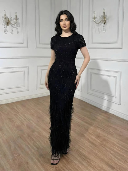 White Nude Ankle Length Beaded Evening Dress with Feathers LA72076A