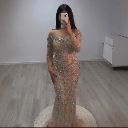 Luxury Off Shoulder Beaded Evening Dress with Long Sleeves and Train LA72930