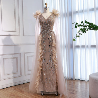 Luxury Caramel Feather Mirror Beaded Mermaid Evening Dress With Cape LA73328