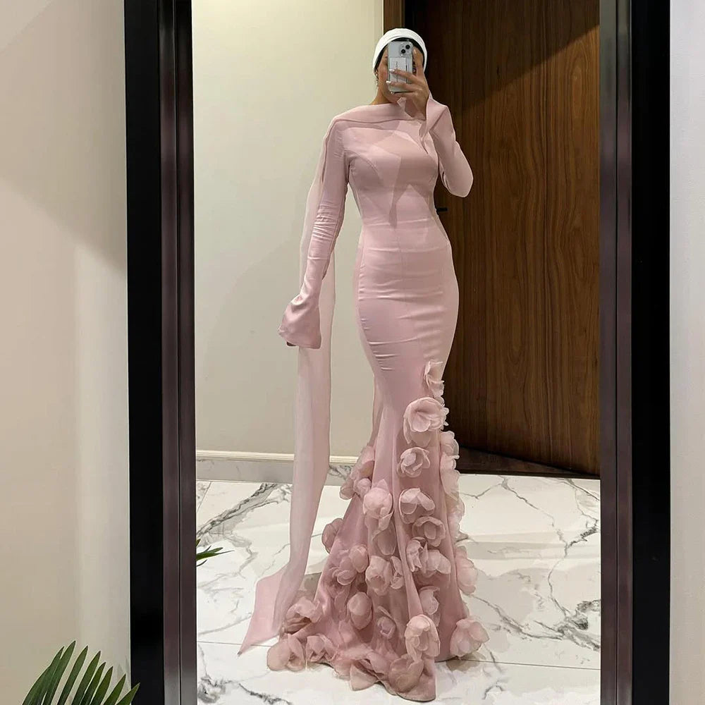 Luxury Pink 3D Flower Evening Dress  Long Sleeves LA72954