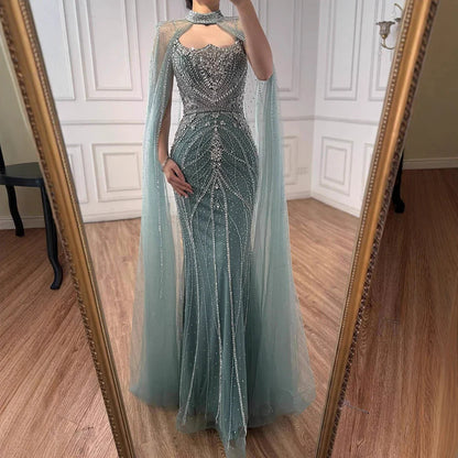 Luxury Dubai Nude Mermaid Evening Dress with Cape Sleeves LA73195