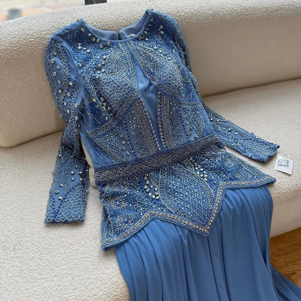 Luxury Designer  Blue Beaded Evening Dress with Long Sleeves LA72962