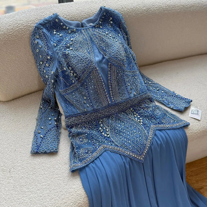 Luxury Designer  Blue Beaded Evening Dress with Long Sleeves LA72962