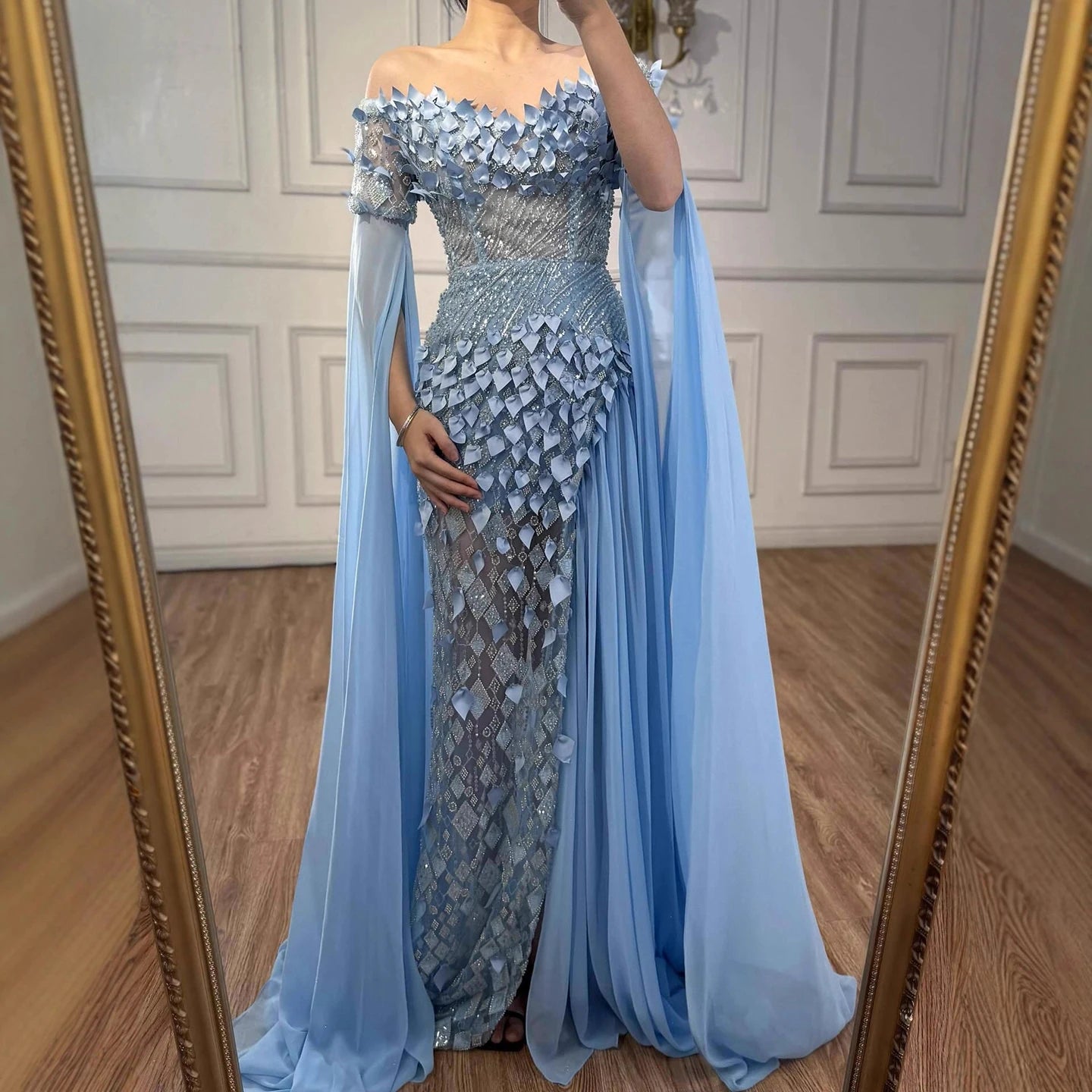 Luxury Dubai Blue 3D Flower Evening Dress With Cape LA73381