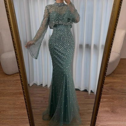 Luxury Turquoise Two Pieces Beaded Mermaid Evening Dress with Detachable Top LA73095
