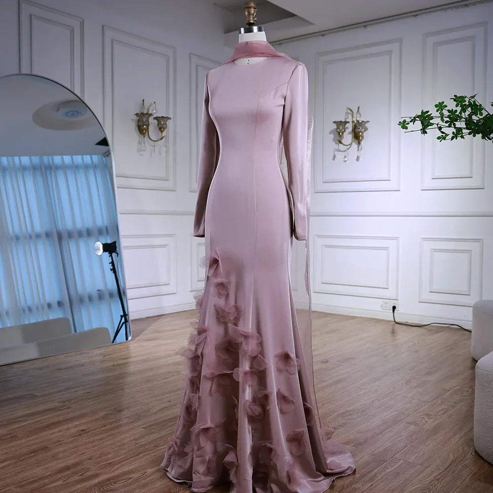 Luxury Pink 3D Flower Evening Dress  Long Sleeves LA72954