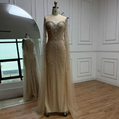 Luxury Green Beaded Mermaid Dress with Cape Sleeves LA73115