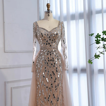 Luxury Arabic Nude Long Sleeve Mermaid Evening Dress LA73113A