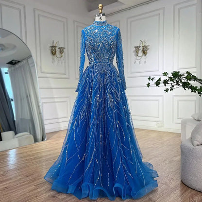 Luxury Muslim Blue A-Line Beaded Dubai Evening Dress LA72302A