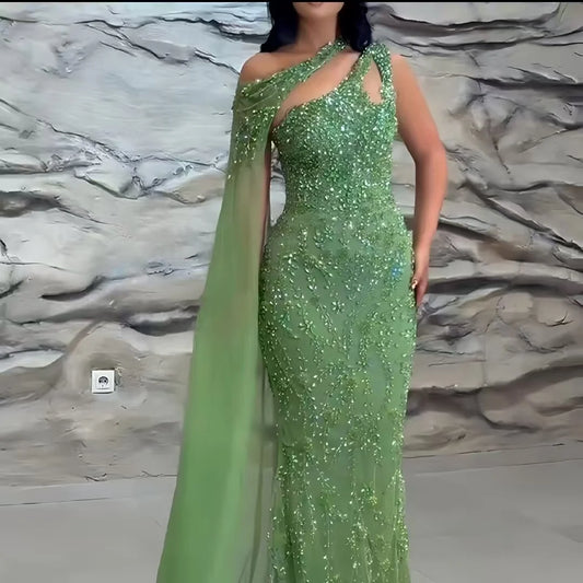 Luxury Green Beaded A-Line Evening Dress LA73424