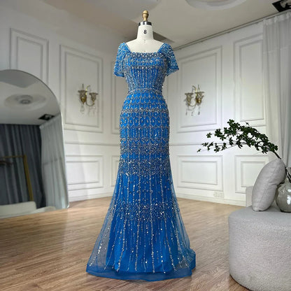 Luxury White Mermaid Beaded Evening Dress with Short Sleeves LA72714