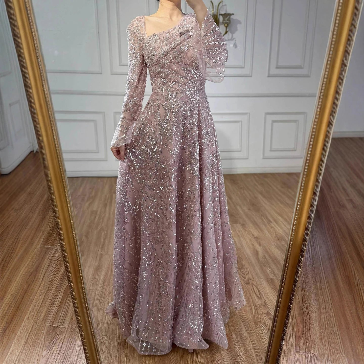 Luxury Turquoise Beaded A-Line Evening Dress with Puffy Sleeves LA73177