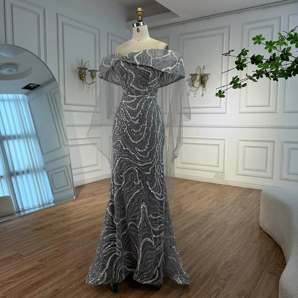 Luxury Gray Sequin Evening Dress with Cape Sleeves LA73125B