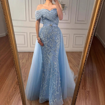 Luxury Arabic Blue One Shoulder Mermaid Evening Dress LA73378