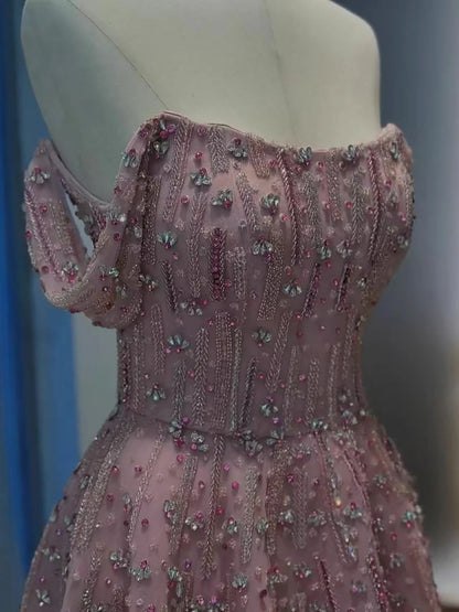 Luxury Arabic Pink Off Shoulder Beaded A-Line Evening Dress LA73326