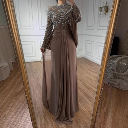 Luxury Designer Modest Brown Stretch Material Mermaid Evening Dress LA72993