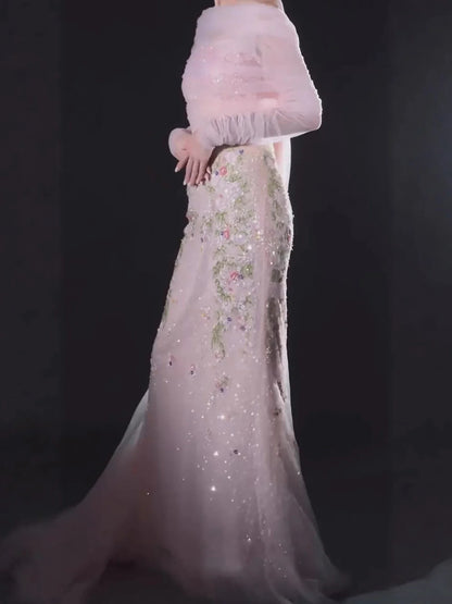 Luxury Pink Beaded Mermaid Evening Dress with Sheer Cape LA73346