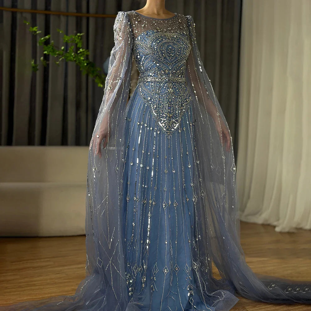 Luxury Designer Blue Beaded Stone Arabic Evening Dress With Cape Sleeve  LA72635