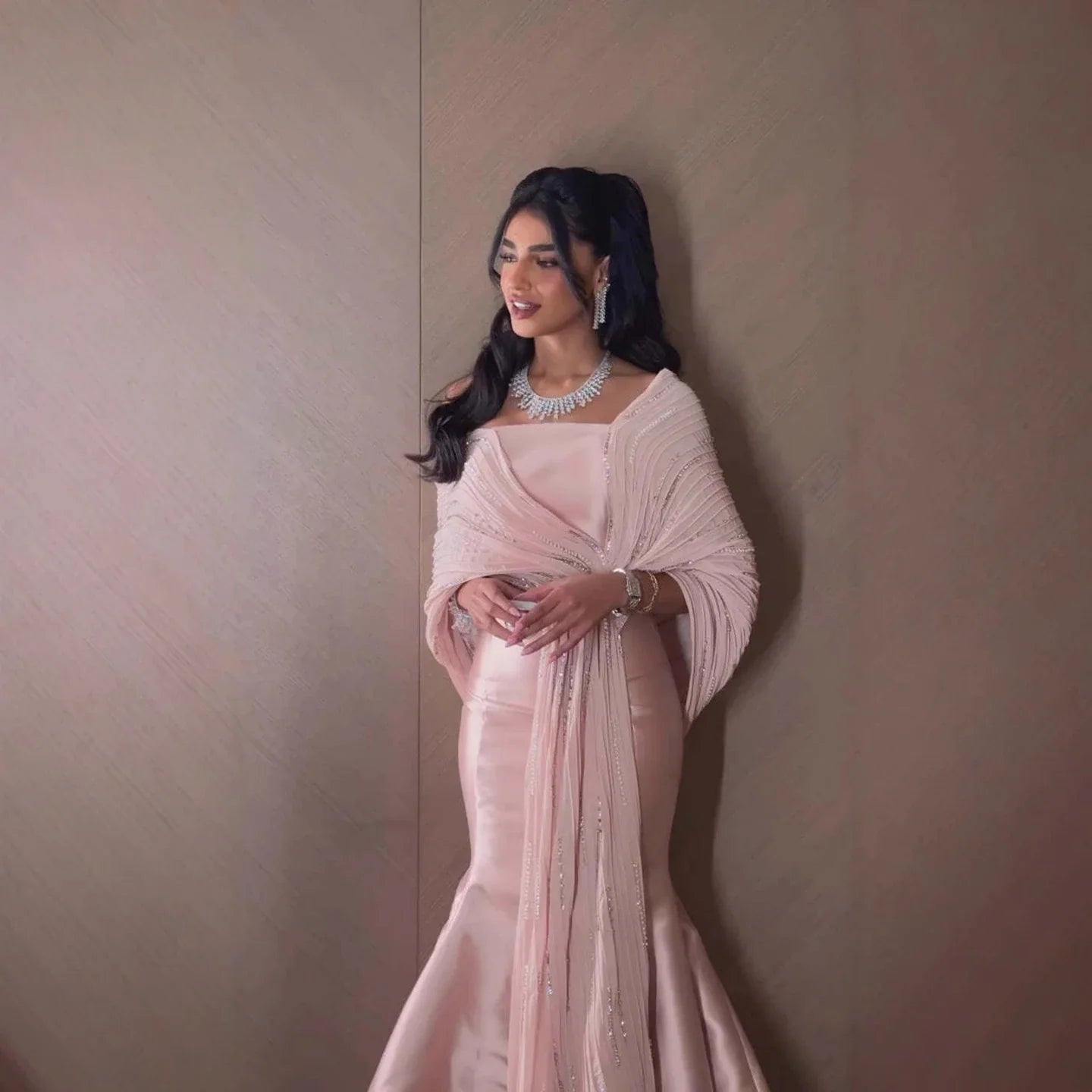 Luxury Dubai Grey Peach Arabic Evening Gown with Ruffles Shawl LA73270