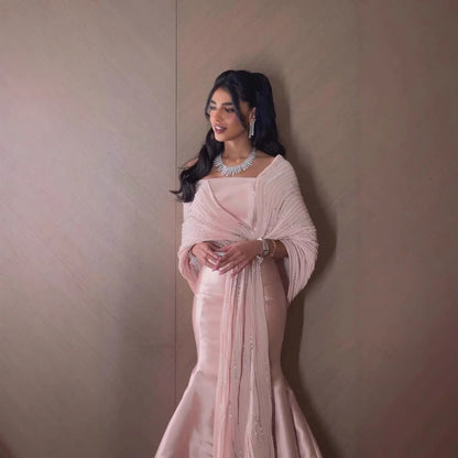 Luxury Dubai Grey Peach Arabic Evening Gown with Ruffles Shawl LA73270