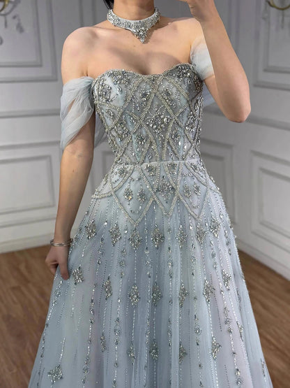 Luxury Gray Blue A-Line Dreamy Beaded Evening Dress With Necklace LA73397