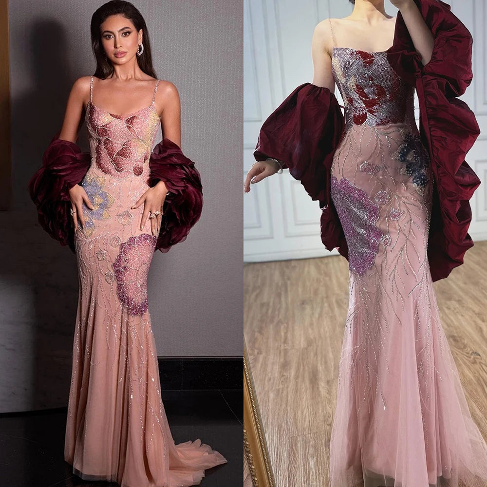 Luxury Designer Dreamy Pink Evening Dress With Cape Sleeves LA72850