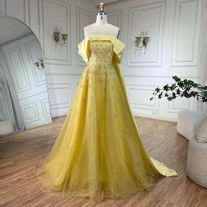 Serene Hill Luxury Dubai Arabic Yellow Elegant Boat Neck Long Evening Dress Beaded Party Gown for Women's Wedding LA72531