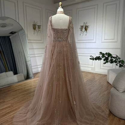 Luxury Designer Nude A-Line Crystal Beaded Arabic Evening Dress LA72764