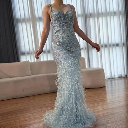 Luxury Blue Spaghetti Strap Feather Beaded Evening Dress LA72527