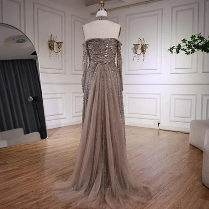 Luxury Caramel Off Shoulder Beaded Mermaid Evening Dress Long Sleeves LA73053
