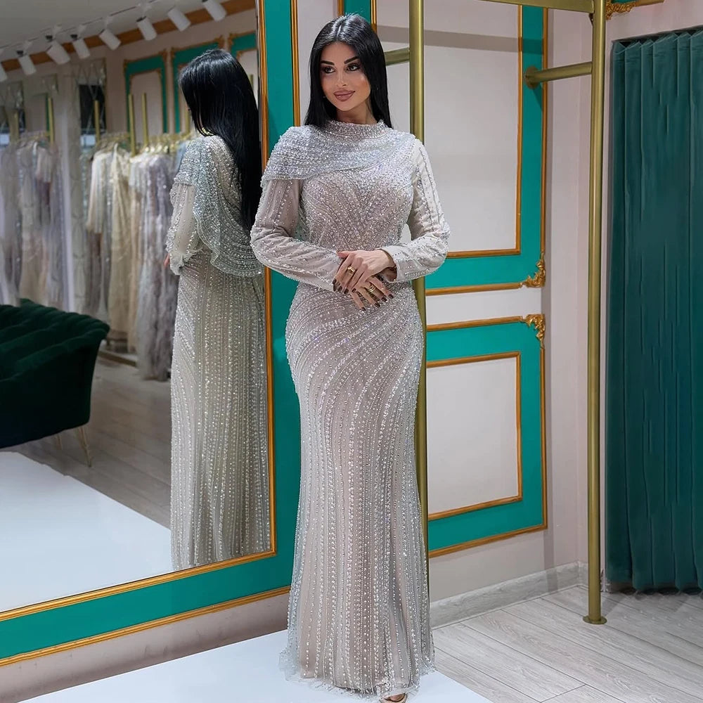 Luxury Muslim Silver Nude Beaded Sparkle long sleeve Evening Dress LA70752H