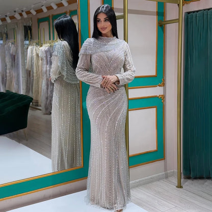 Luxury Muslim Silver Nude Beaded Sparkle long sleeve Evening Dress LA70752H