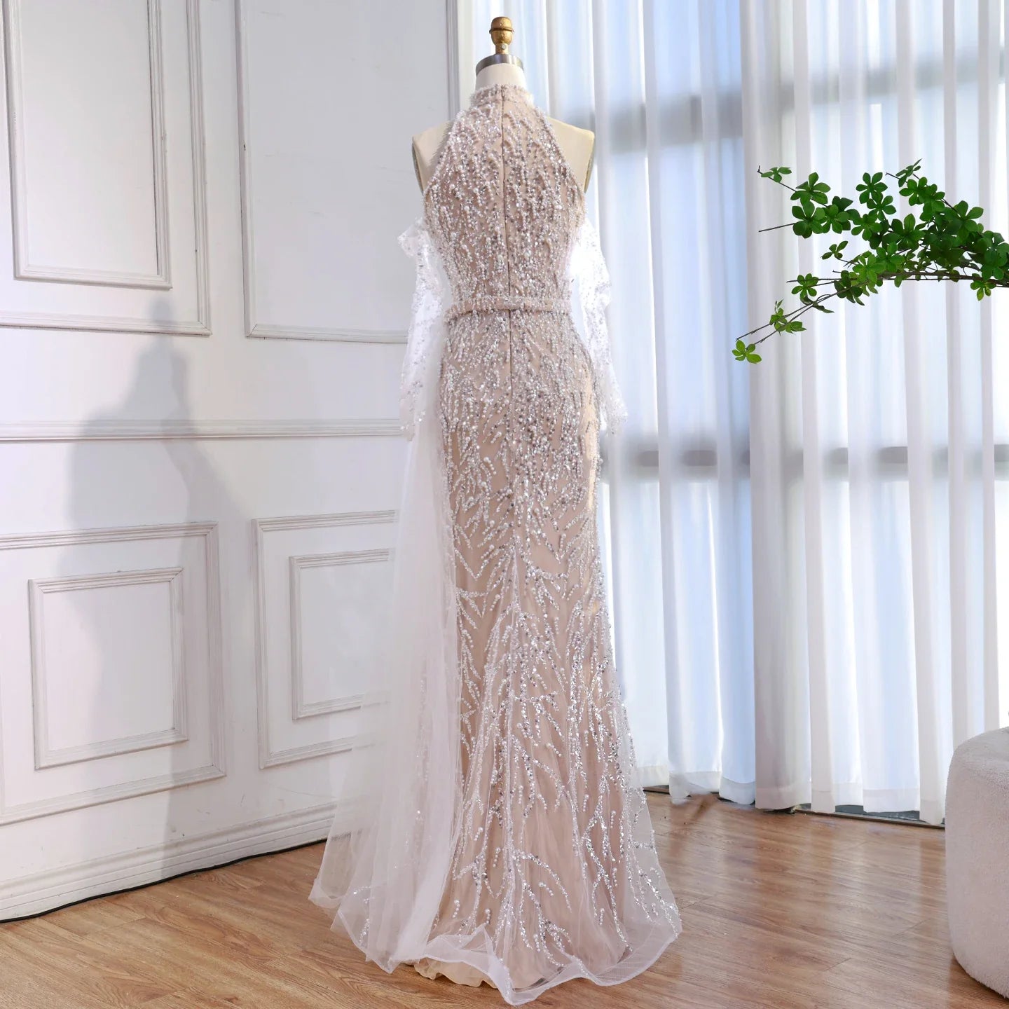 Luxury Lace Pearls Halter Mermaid Evening Dress With Glove White Nude LA72345F