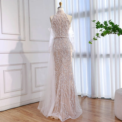 Luxury Lace Pearls Halter Mermaid Evening Dress With Glove White Nude LA72345F