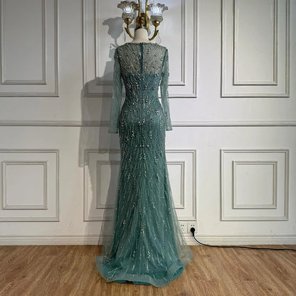 Luxury Turquoise Crystal Beaded Evening Dress Elegant Slit Gown LA73179