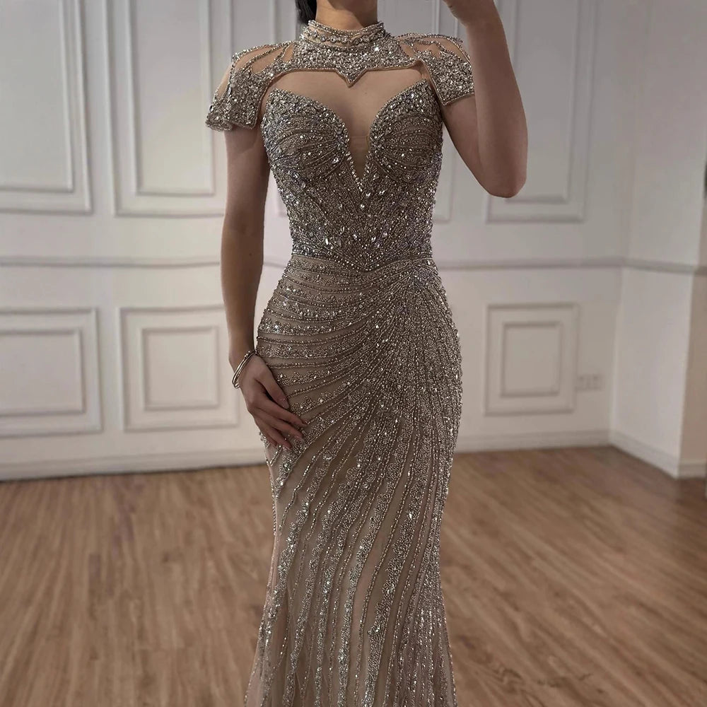 Nude Mermaid Evening Dress with Detachable Beaded High Neck LA73087
