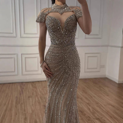 Nude Mermaid Evening Dress with Detachable Beaded High Neck LA73087