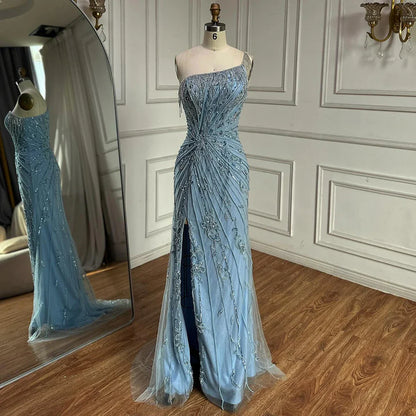 Luxury Caramel One Shoulder Beaded Slit Evening Gown with Tassel Detail LA72926