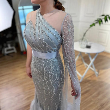 Elegant Nude One Shoulder Feather Beaded Mermaid Evening Dress LA71096