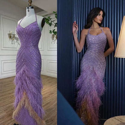 Lilac Feather Halter Mermaid Luxury Dubai Evening Dress LA72056