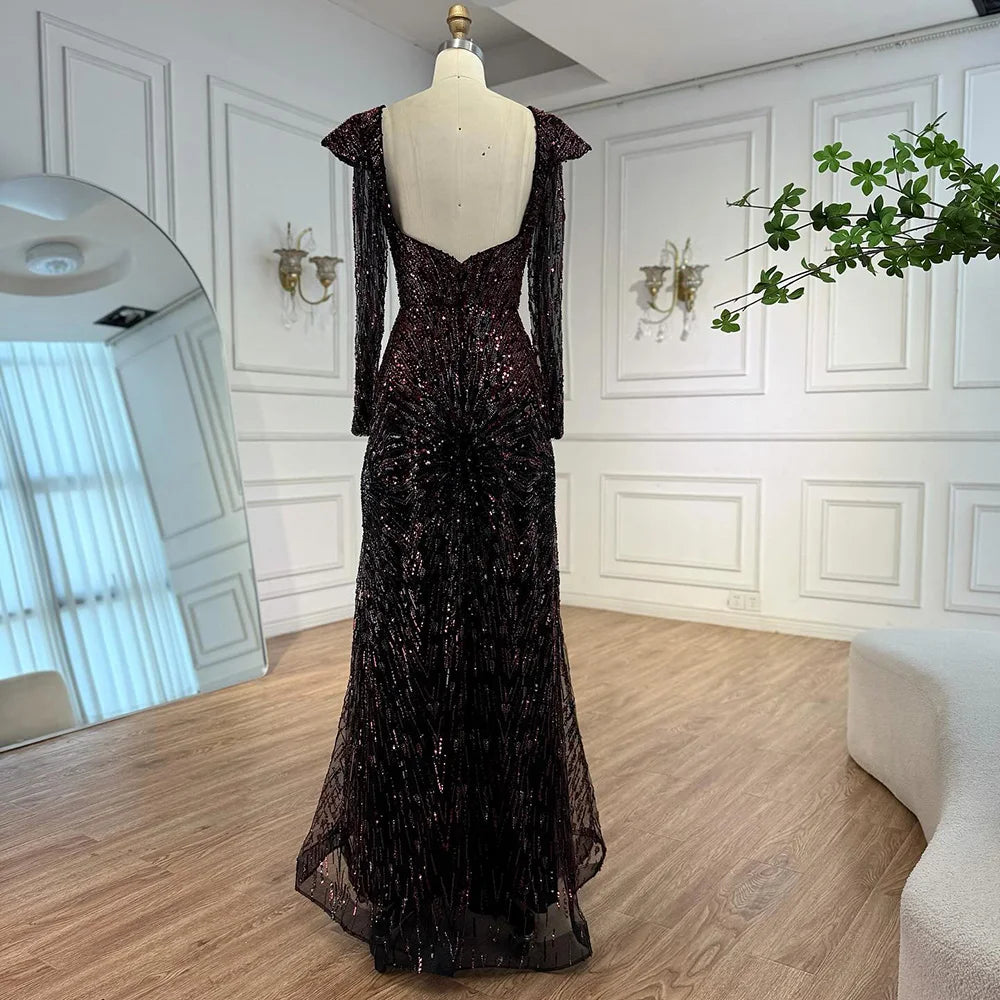 Luxury Wine Red Sequined Long Sleeve Evening Dress LA73126